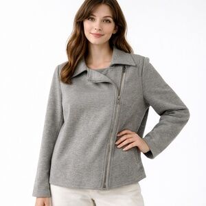 Eileen Fisher Organic Cotton Moto Jacket Moon Gray Herringbone Knit Size Medium